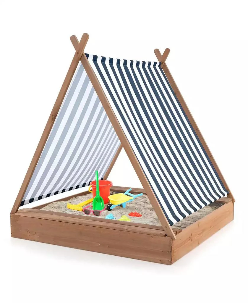 Costway Wooden Sandbox with Canopy Tent Design Fir Wood Frame 2 Bench Seats Bottom 8