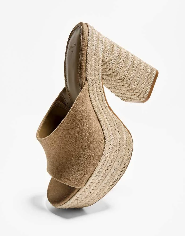 Shop Bershka jute platform heeled sandals in tan on Sale at