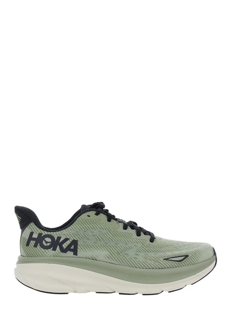 Hoka One One 'Clifton 9' Green Sneakers With Zig Zag Embroidery And Side Logo Print In Rubber Unisex 1