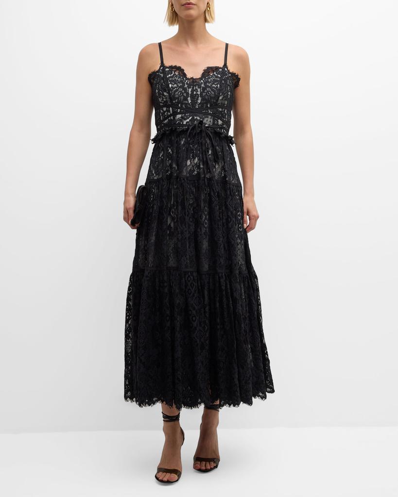 Cinq a Sept Lana Tiered Lace Sweetheart Midi Dress