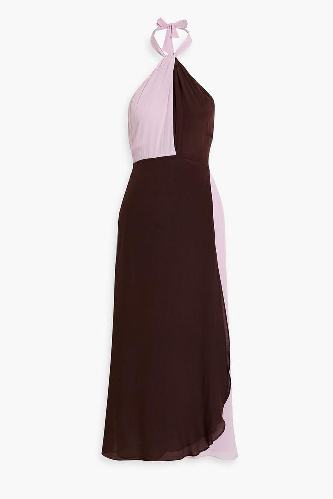 Rixo Bluebelle twisted two-tone silk-chiffon halterneck midi wrap dress
