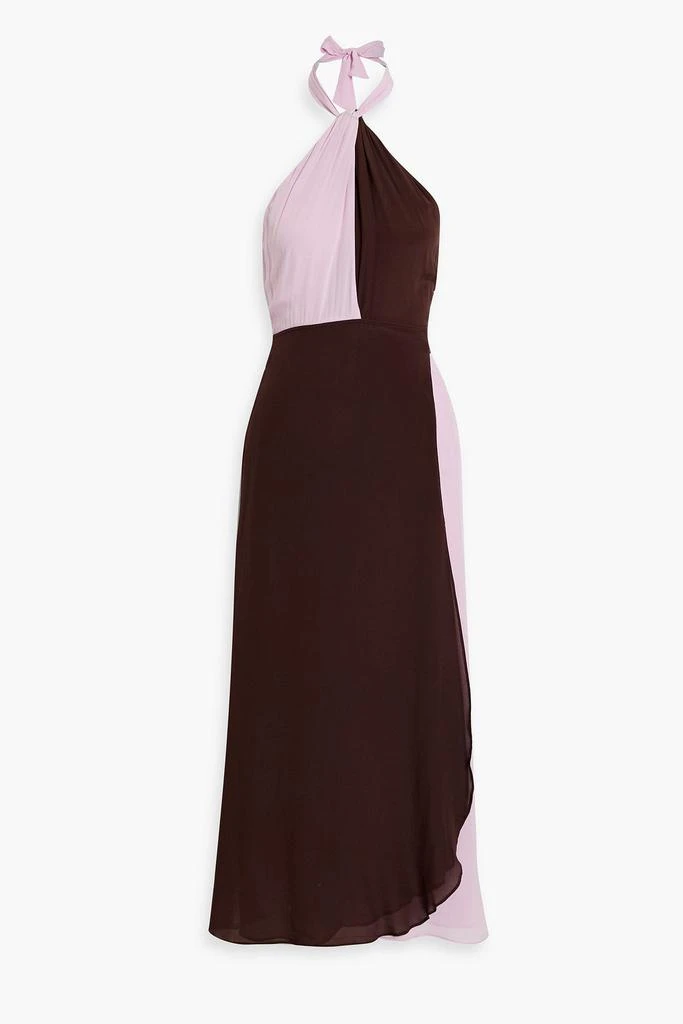 Rixo Bluebelle twisted two-tone silk-chiffon halterneck midi wrap dress 1