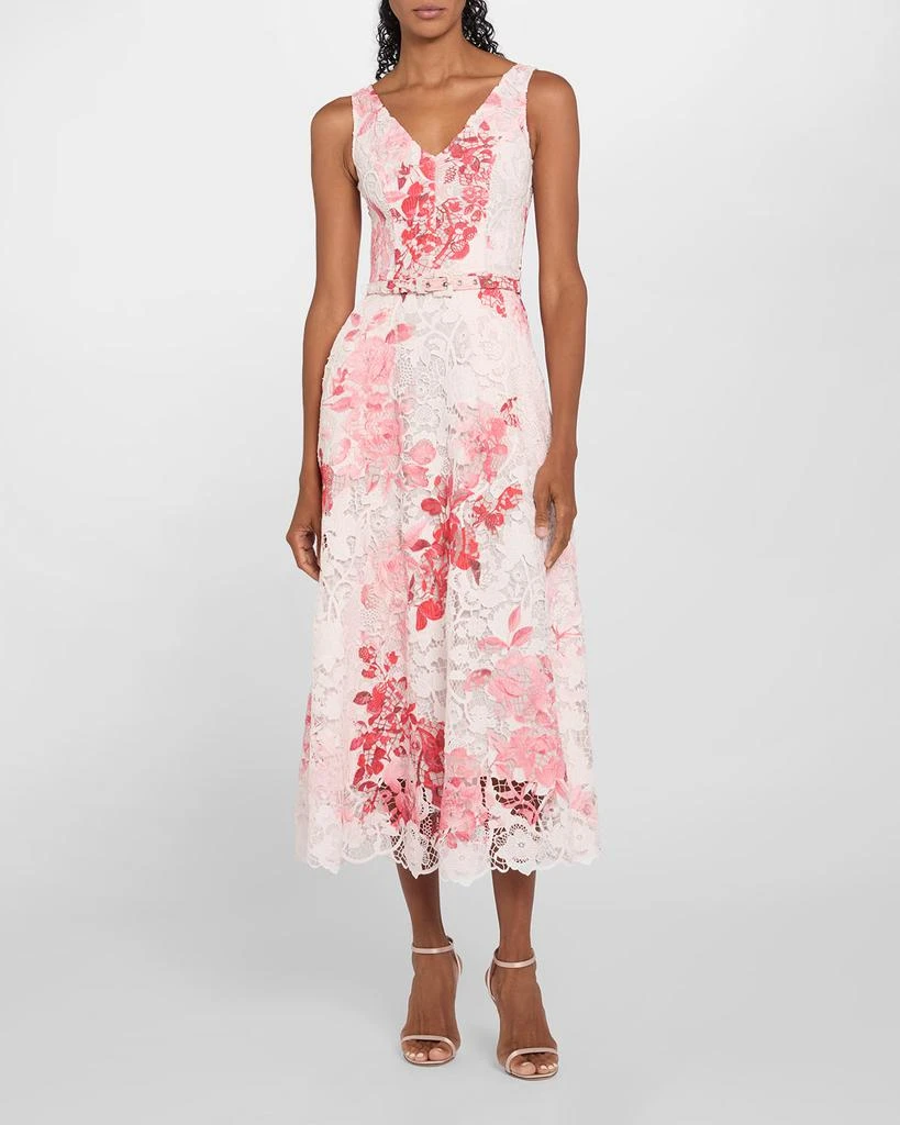 Monique Lhuillier Rose-Print Lace Belted Sleeveless Midi Dress 2