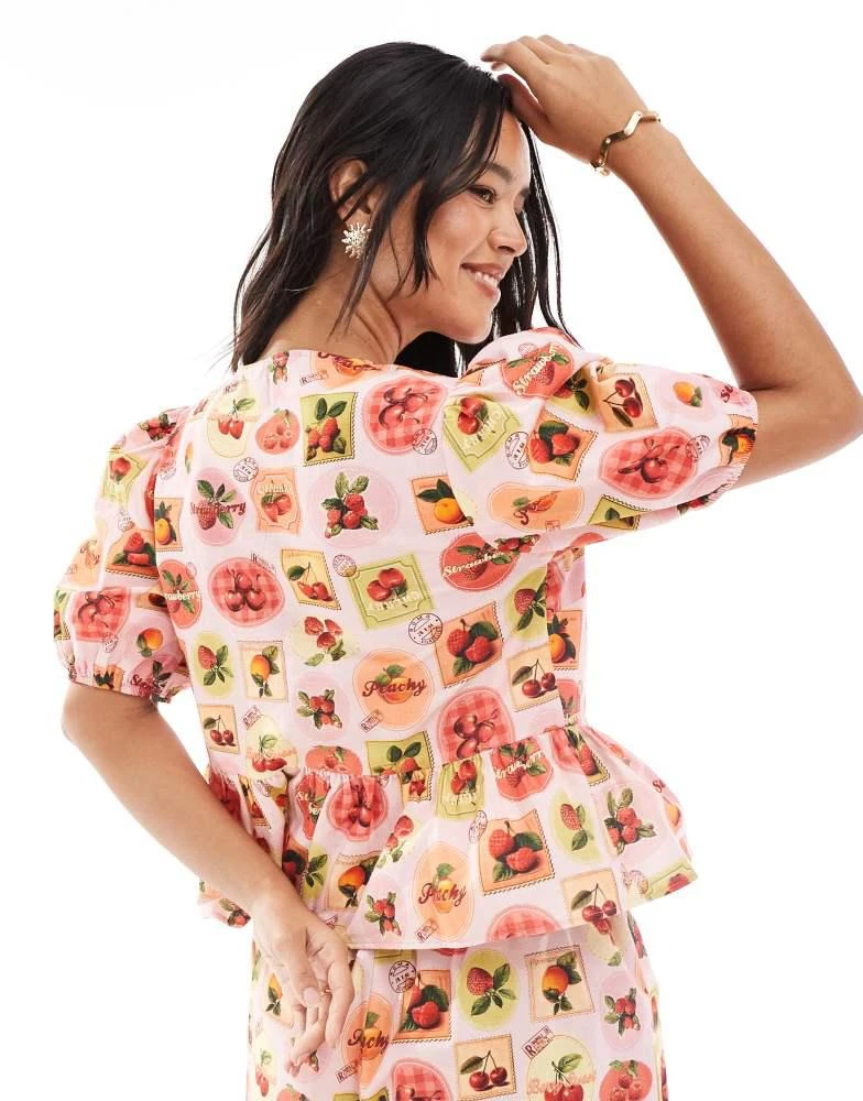 Miss Selfridge Miss Selfridge tie front peplum blouse co-ord in fruit print 3