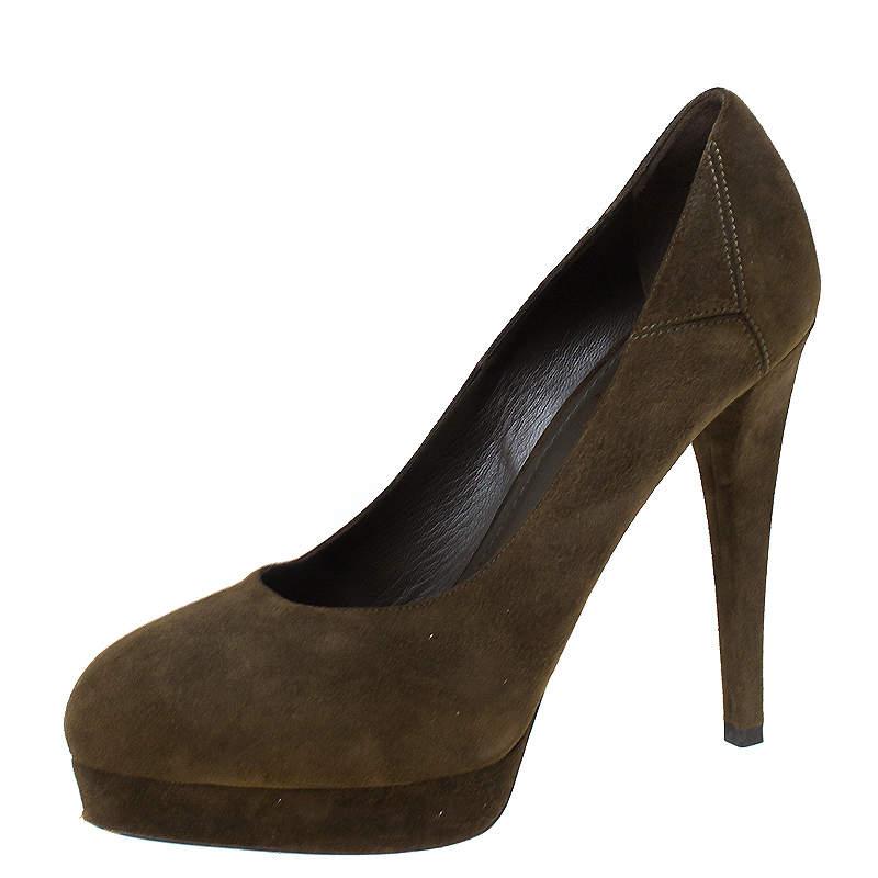 Shop Saint Laurent Paris Dark Green Suede Platform Pumps Shop Saint Laurent Paris Dark Green Suede Platform Pumps