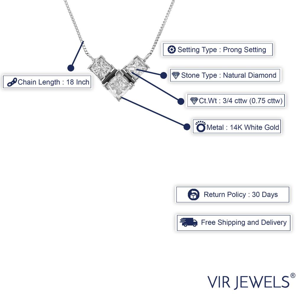 Vir Jewels 3/4 cttw 3 Stone Princess Cut Diamond Pendant Necklace 14K White Gold with Chain