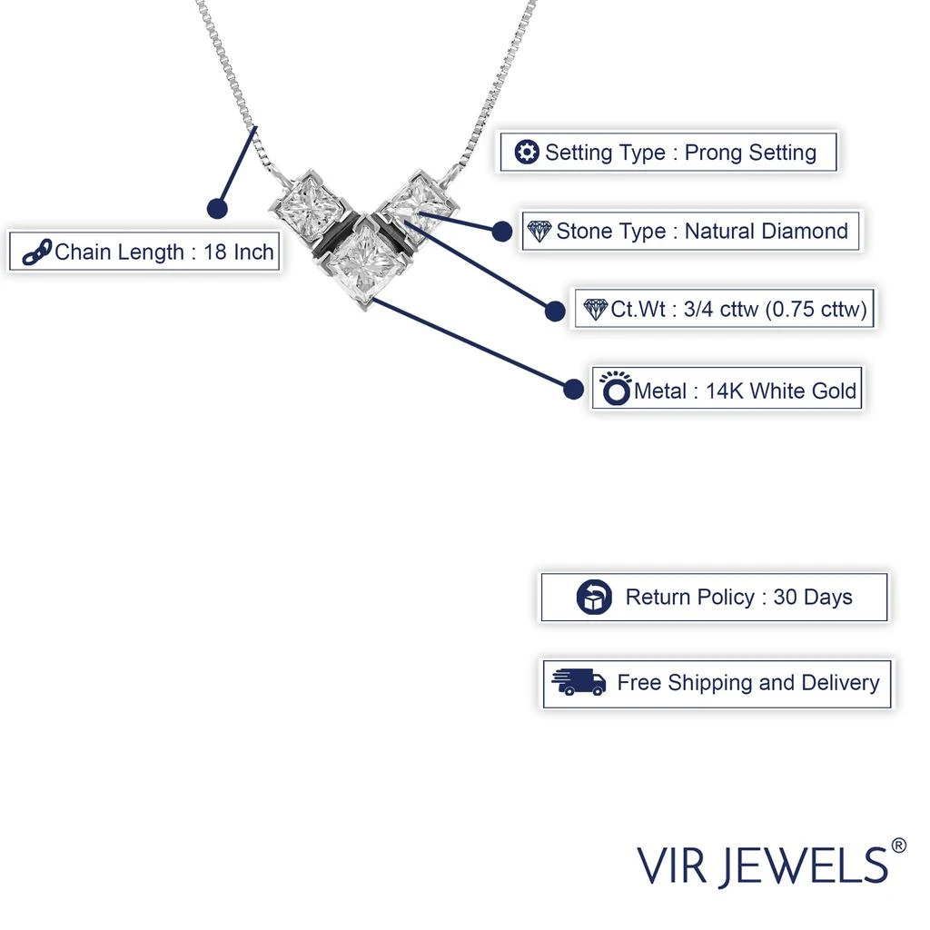 Vir Jewels 3/4 cttw 3 Stone Princess Cut Diamond Pendant Necklace 14K White Gold with Chain 2