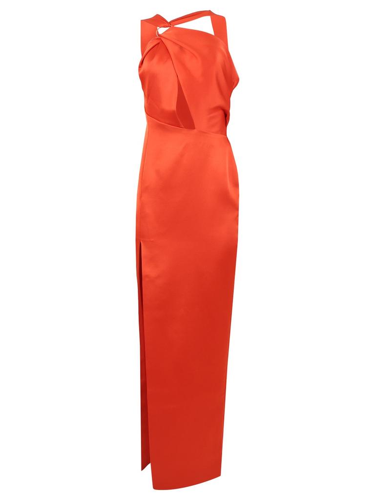 RASARIO Draped Satin Asymmetric Cut-out Gown With Ring