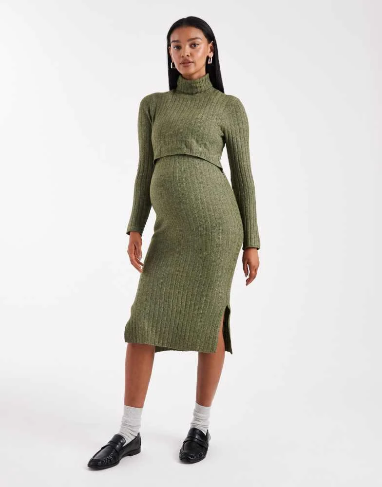 strapless open back dress Threadbare Women's Taupe Rib Jersey 2-in-1 Midi Dress with Poplin Skirt