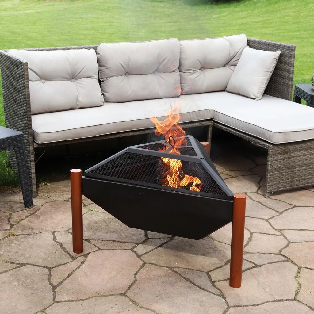 Sunnydaze Outdoor Camping or Backyard Steel Triangle Fire Pit with Wood Grate, Log Poker, and Spark Screen - 31" - Copper Finish 2