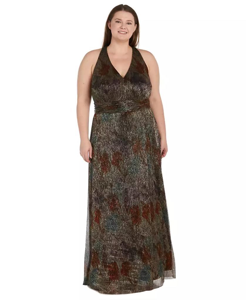 R & M Richards Plus Size Pleated Metallic Halter Gown
