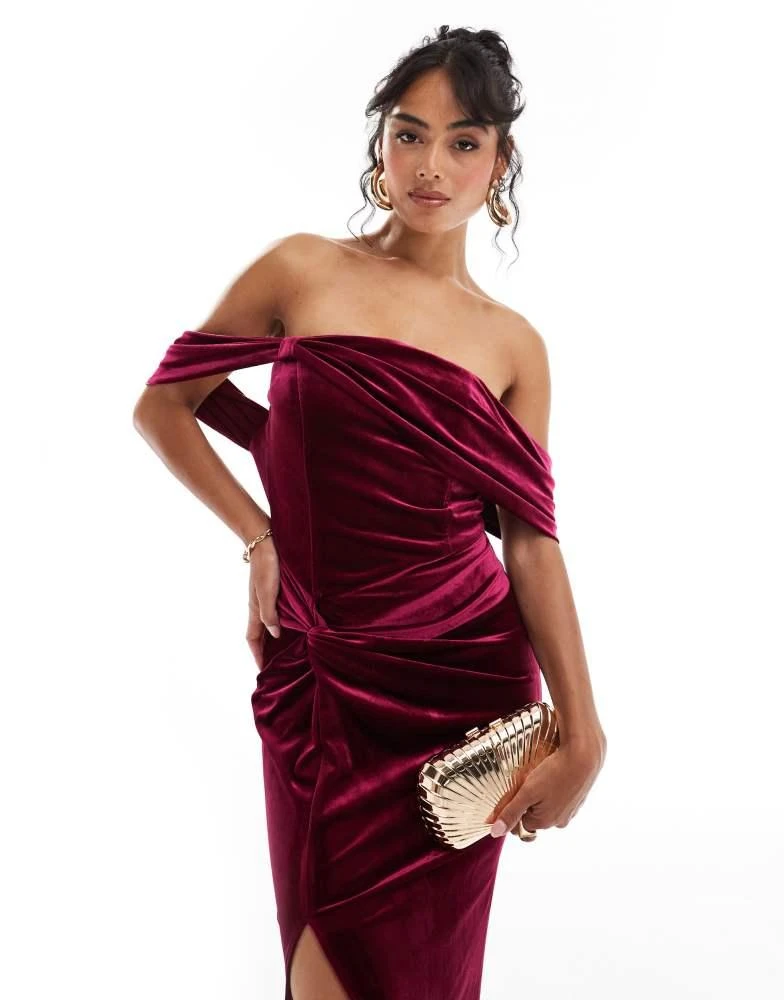 TFNC TFNC velvet off shoulder maxi dress in burgundy 1