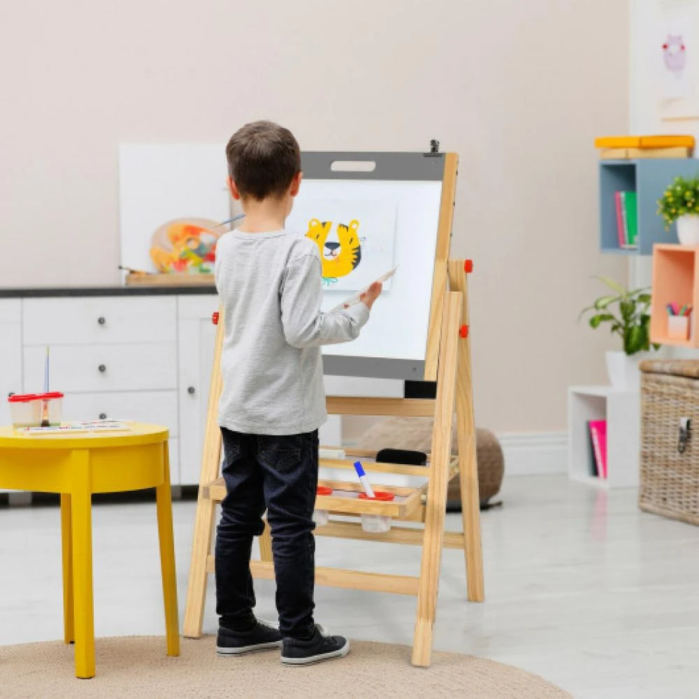 Hivvago Kids Art Easel with Paper Roll Double Sided Chalkboard and Whiteboard-Gray 1