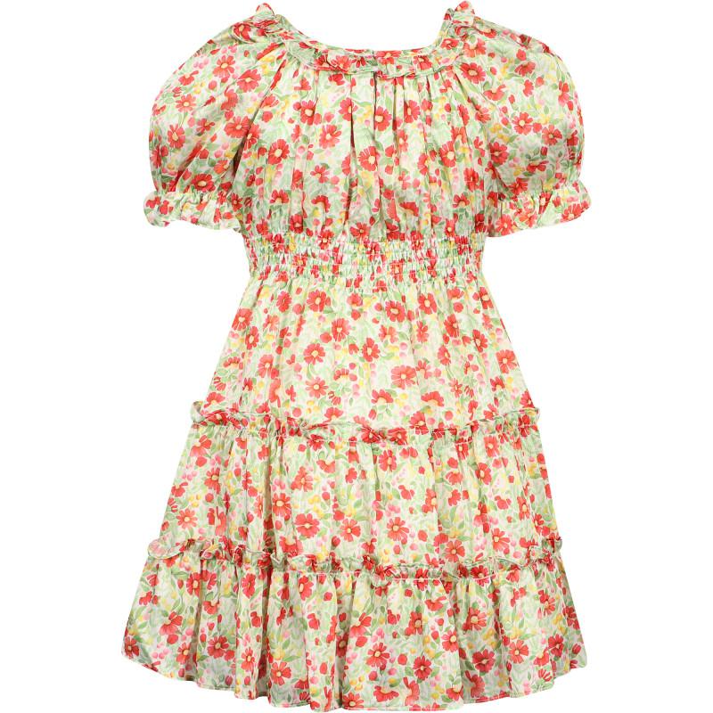 Abel & Lula Flower field print dress with puffed sleeves in white and red