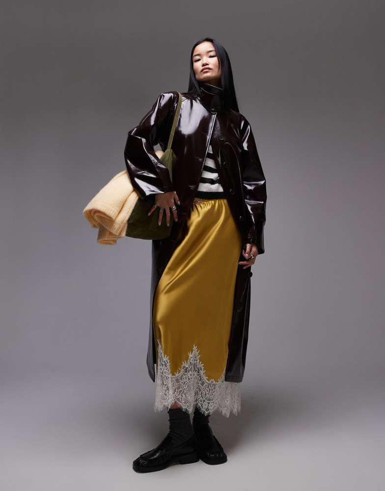 Topshop Topshop longline oversized high shine faux leather trench coat in burgundy