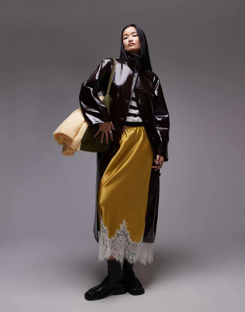 Topshop Topshop longline oversized high shine faux leather trench coat in burgundy 1