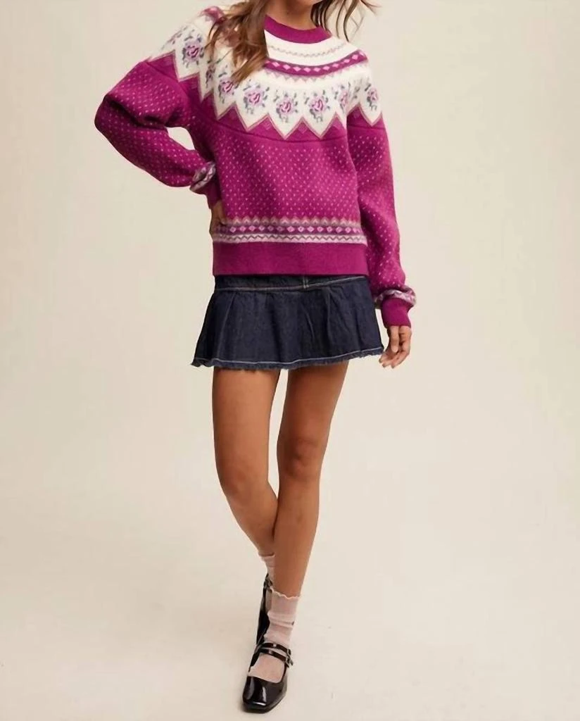 Listicle Vintage Flower Crew Neck Sweater In Plum 4