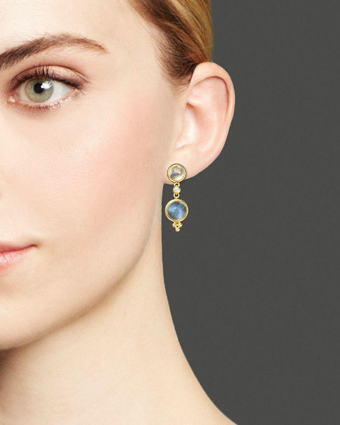 Temple St. Clair Temple St. Clair Double Drop Earrings with Royal Blue Moonstone and Diamond in 18K Yellow Gold