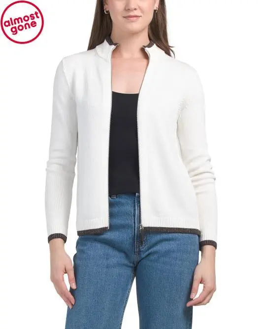Lafayette 148 New York Fitted Sweater Bomber Jacket With Contrast Tipping