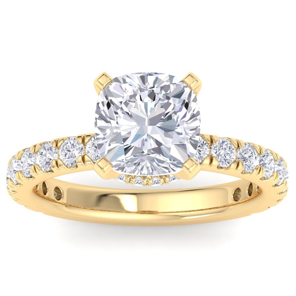 SSELECTS 4 Carat Cushion Cut Lab Grown Diamond Hidden Halo Engagement Ring In 14K Yellow Gold G-H, Vs2