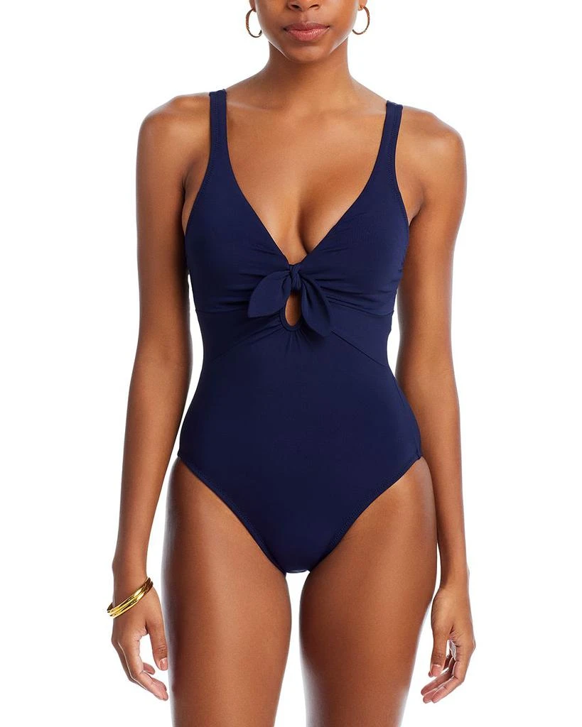 Robin Piccone Ava Plunge Neck Tie-Front One Piece Swimsuit 1