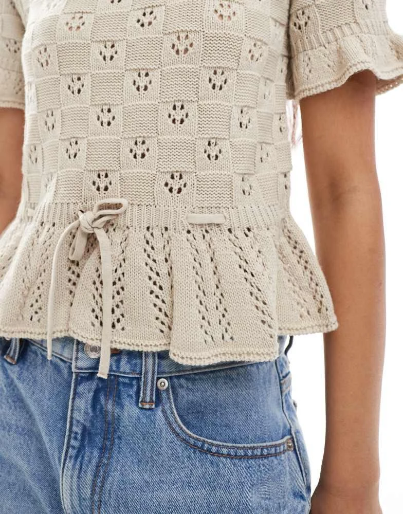 Miss Selfridge Miss Selfridge knitted tie waist peplum short sleeve cardigan in cream 3