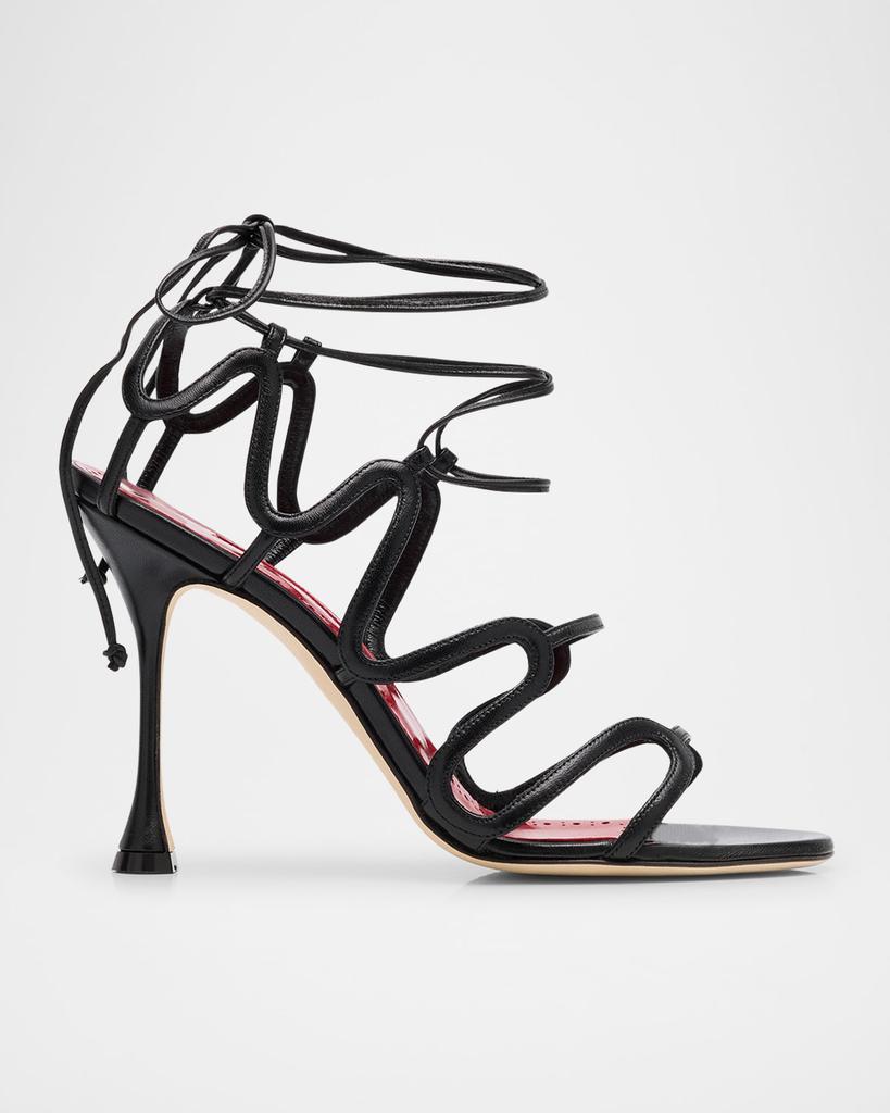 Manolo Blahnik Caged Leather Ankle-Tie Sandals