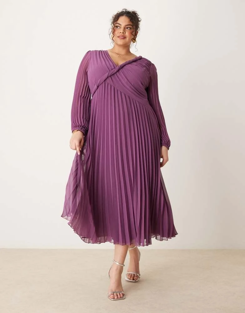 ASOS ASOS DESIGN Curve twist detail wrap front pleated midi dress in purple 1