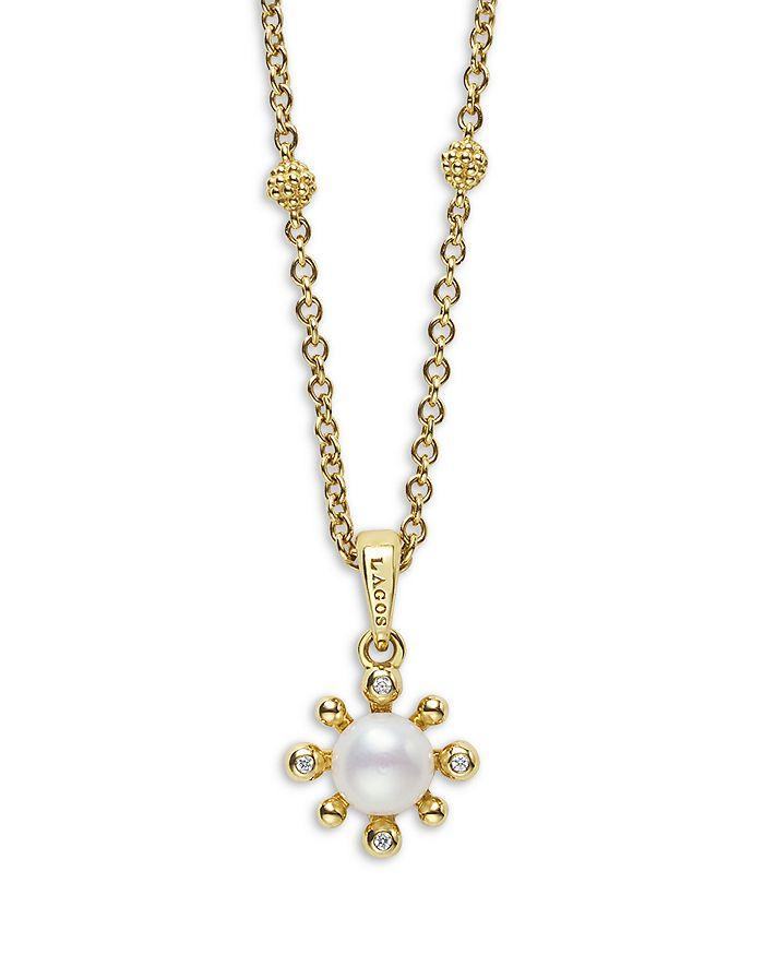 LAGOS 18K Yellow Gold Luna Cultured Pearl & Diamond Fleur Pendant Necklace, 16"-18"