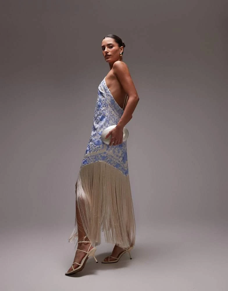 Mango Mango embroidered satin scarf dress with fringe hem in blue 1