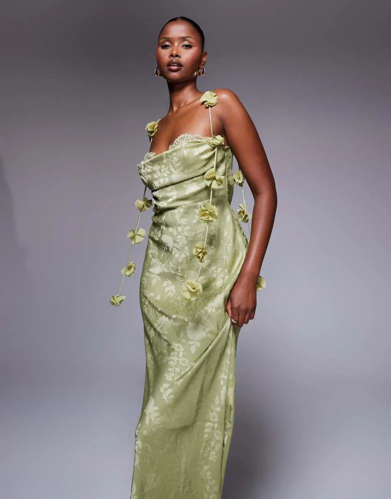 Rare Rare London satin jacquard lace bust petal strap detail maxi dress in olive - GREEN - UK 14