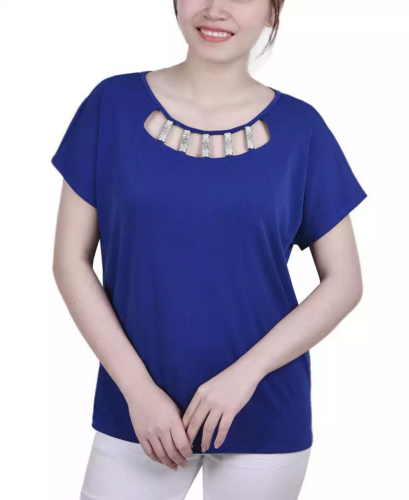 NY Collection Petite Short Sleeve Knit Top with Hardware