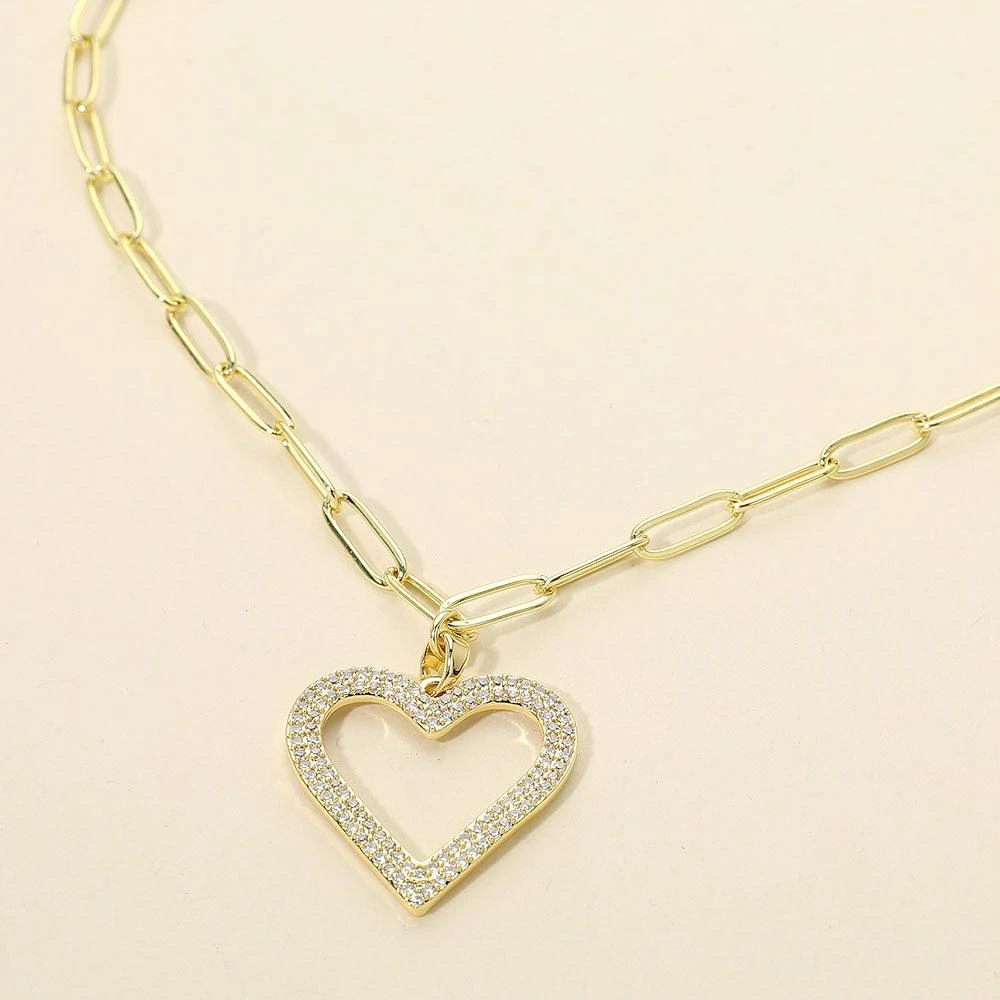 FASHNZFAB Stainless Steel CZ Stone Paved Open Heart Pendant Paperclip Chain Necklace