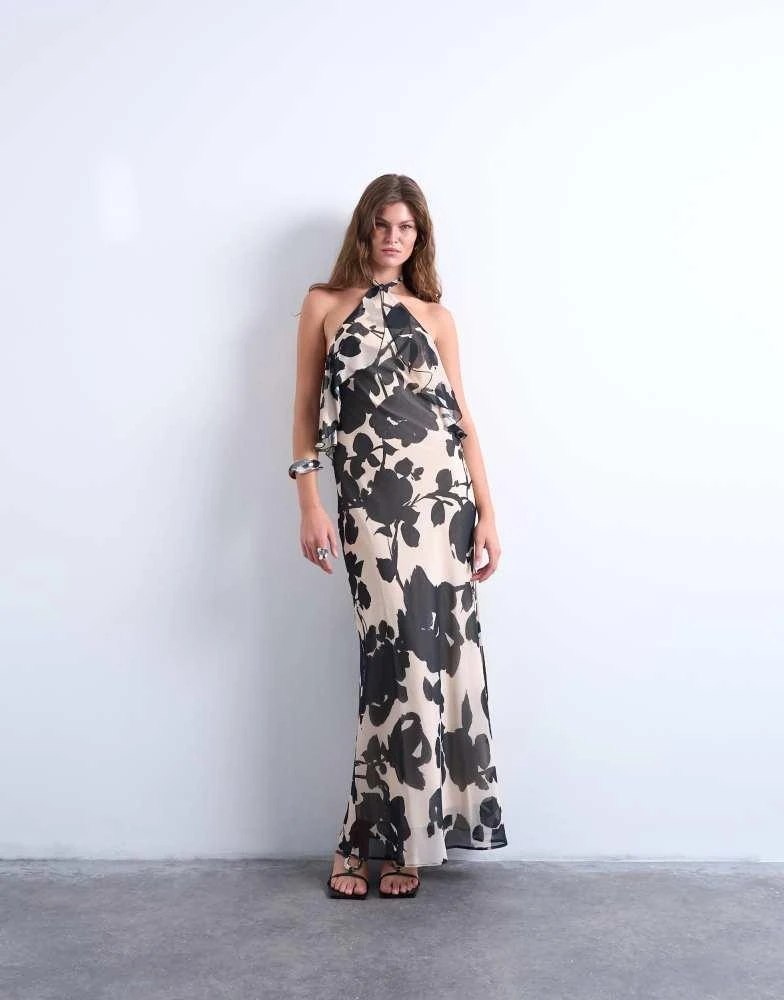 Topshop Topshop halter layer chiffon dress in black and white floral 1