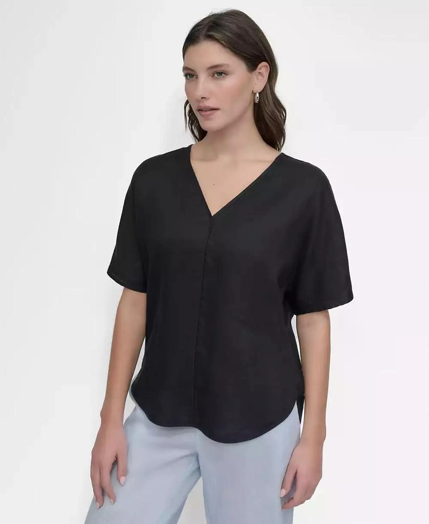 DKNY Women's Seamed-Front V-Neck Curved-Hem Linen Blouse 4