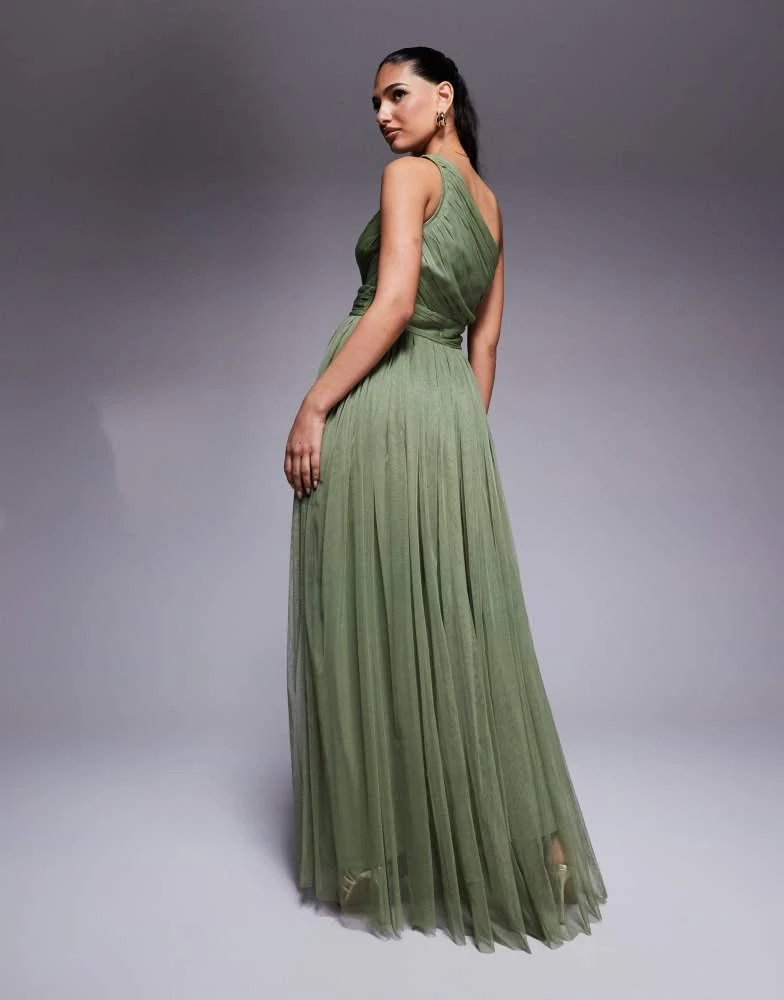 Lace & Beads Lace & Beads Bridesmaid one shoulder maxi dress in soft olive 4
