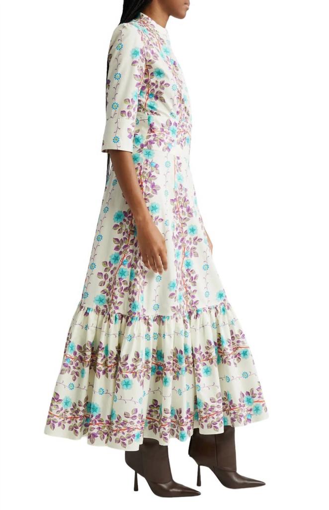 Etro 3/4 Sleeve Long Floral Dress In Print On White Base