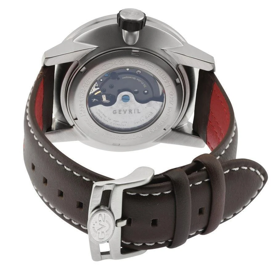 Gevril GV2 Motorcycle Mens Silver Dial Black Calfskin Leather Watch 3