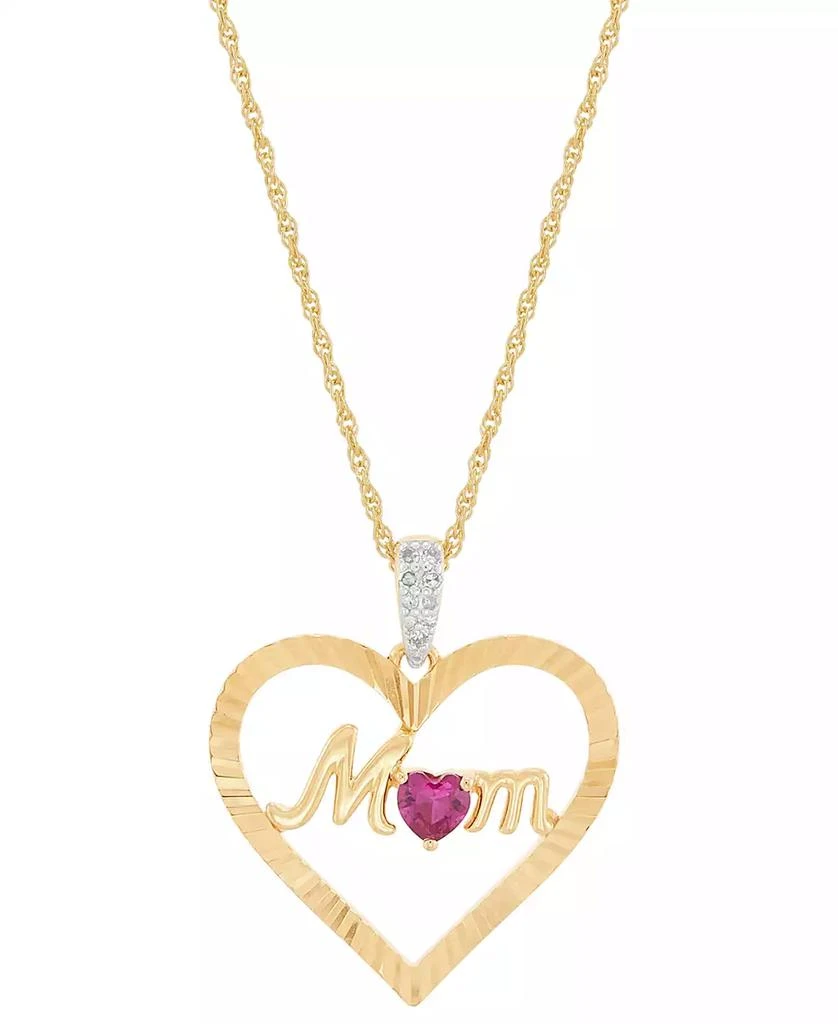 Macy
s Lab-Created Ruby (1/4 ct. t.w.) 
Diamond Accent Mom Heart Pendant Necklace in 14k Yellow Gold-Plated Sterling Silver, 16" + 2" extender