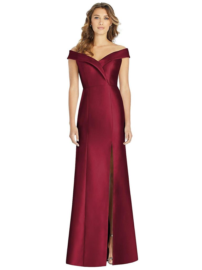 Alfred Sung Off-the-Shoulder Cuff Trumpet Gown with Front Slit