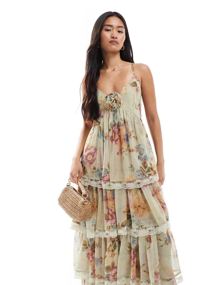 Miss Selfridge Miss Selfridge race day chiffon tiered maxi dress in green floral print 3
