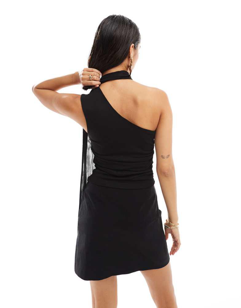 Stradivarius Stradivarius asymmetric tulle top with scarf in black