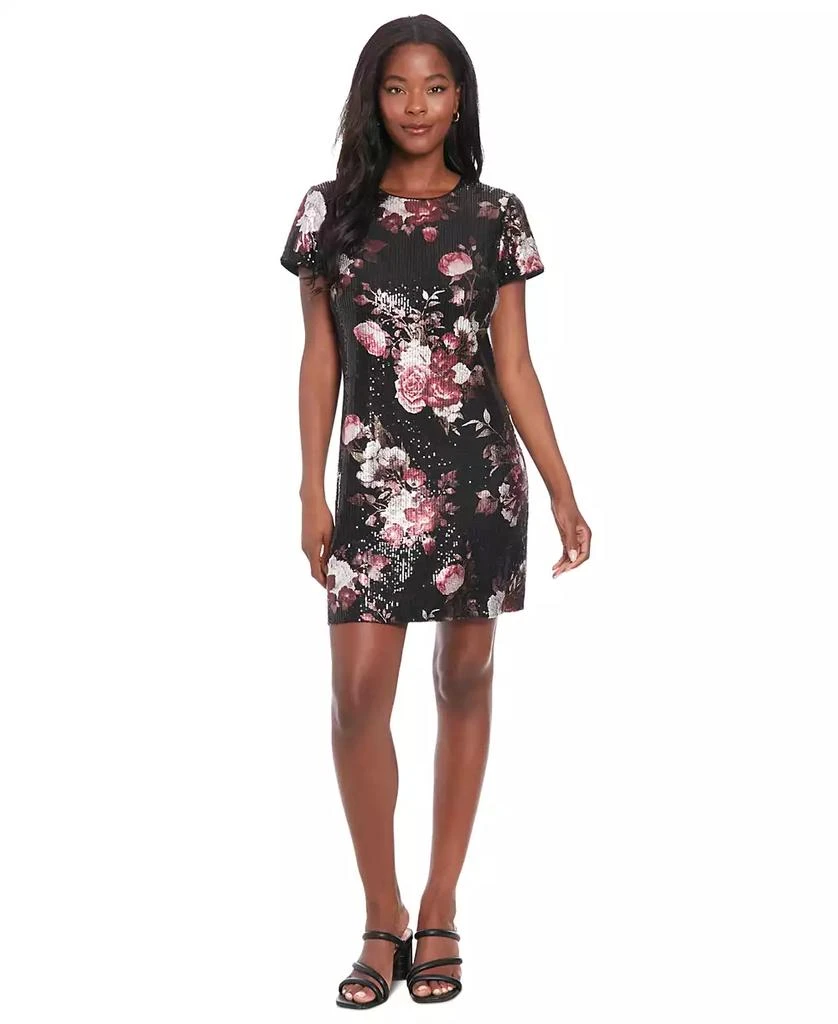 London Times Petite Floral-Sequin Short-Sleeve Dress 1