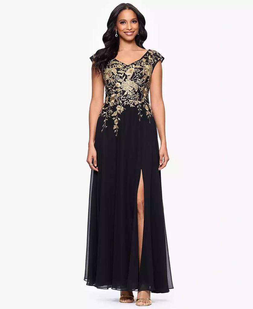 Betsy & Adam Petites Chiffon V-Neck Long A-Line Dress