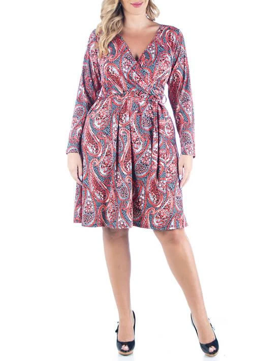 24seven Comfort Apparel Comfort Apparel Plus Size Paisley Print Long Sleeve Dress With Belt 1