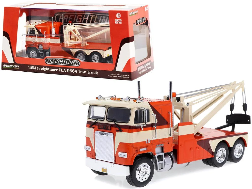 Diecast Model Greenlight 1984 Freightliner FLA 9664 Tow Truck Orange and White with Brown Graphics 1/43 Diecast Model Car by Greenlight 2
