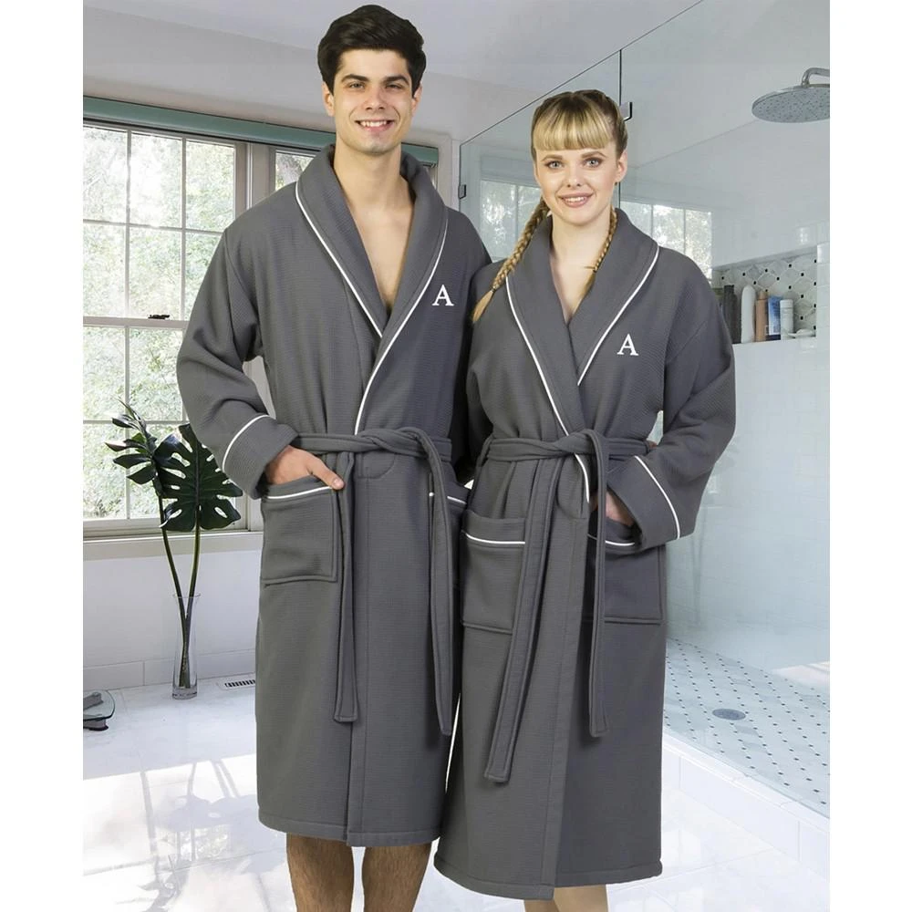 Linum Home Personalized 100% Turkish Cotton Waffle Terry Bathrobe with Satin Piped Trim - Dark Gray
