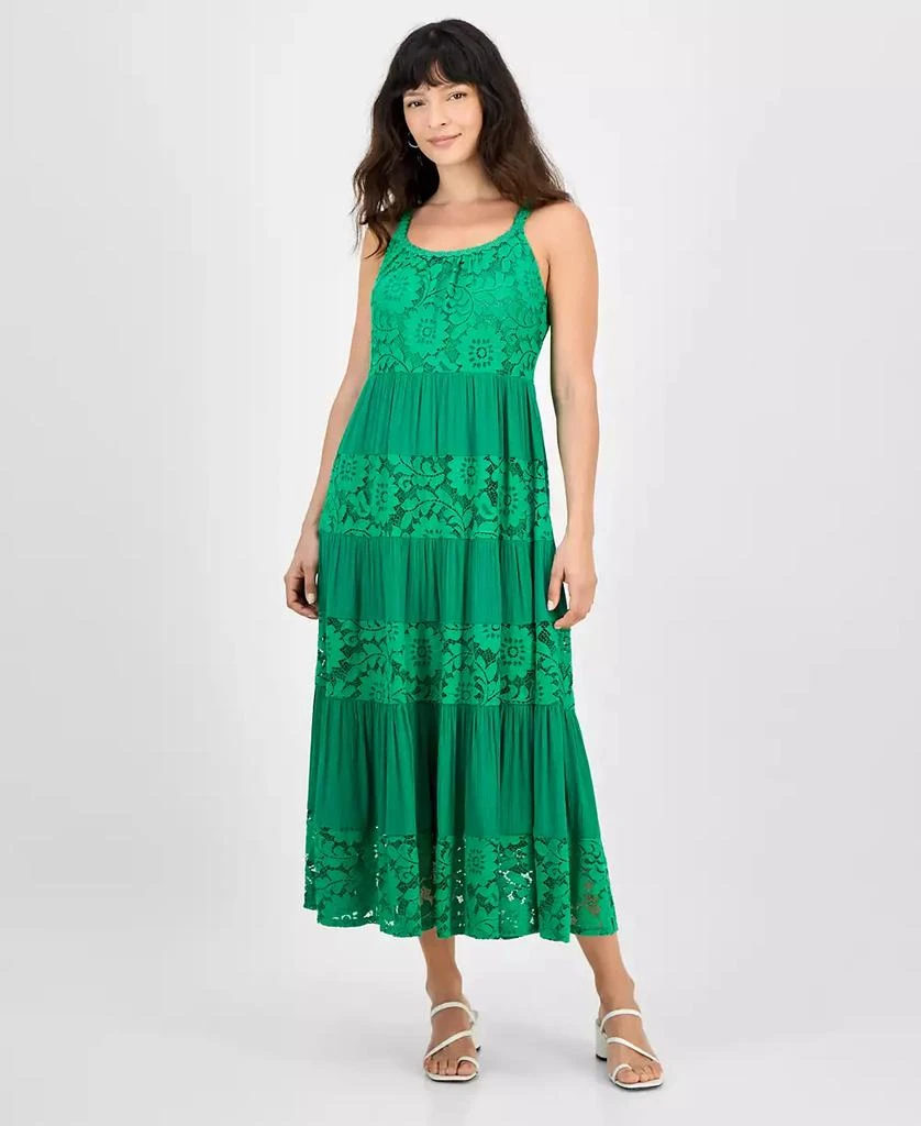 Robbie Bee Petite Lace-Trim Sleeveless Tiered Midi Dress 1
