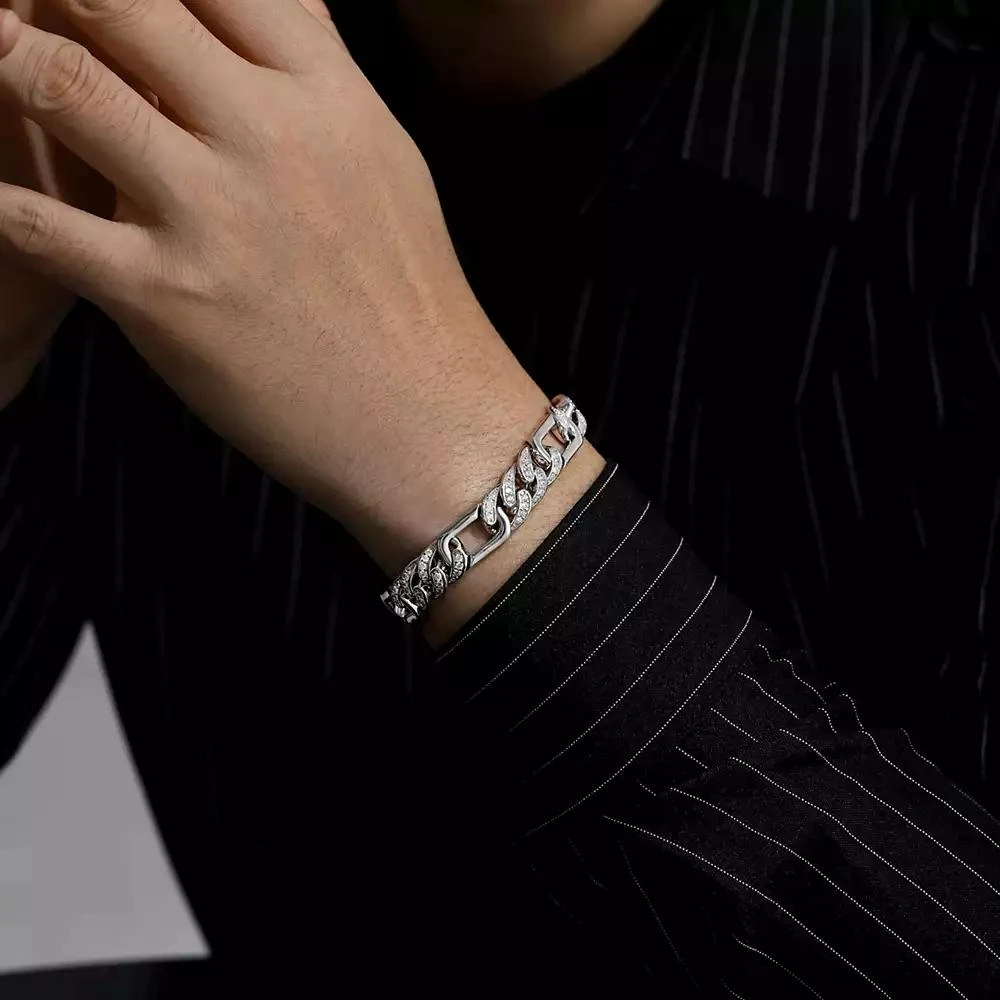 Genevive Men
s Sterling Silver White Gold Plated with Iced Out Cubic Zirconia Oblong Curb Chain Bracelet 2