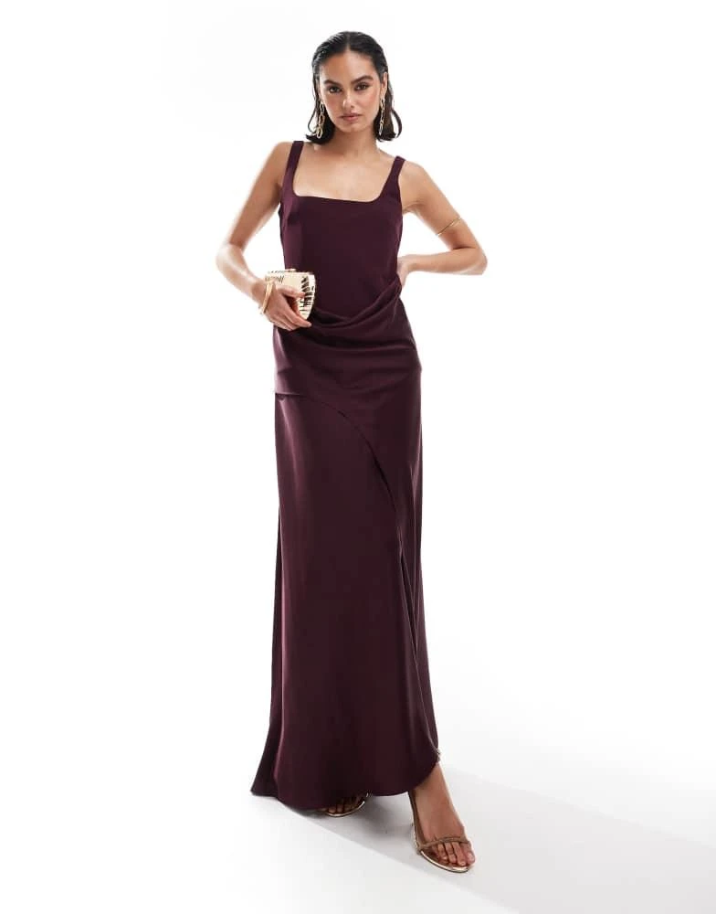ASOS ASOS DESIGN scoop neck satin drape overlay maxi dress in burgundy 1